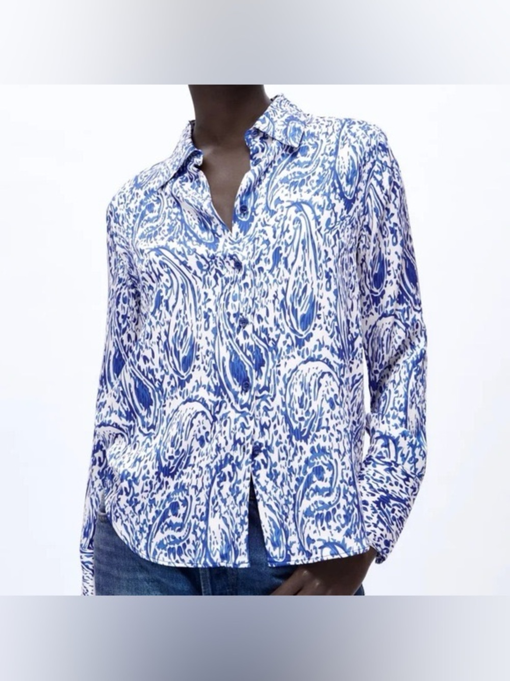 NWT Zara Blue & Off-White Paisley Print Button Down Blouse Top XL
